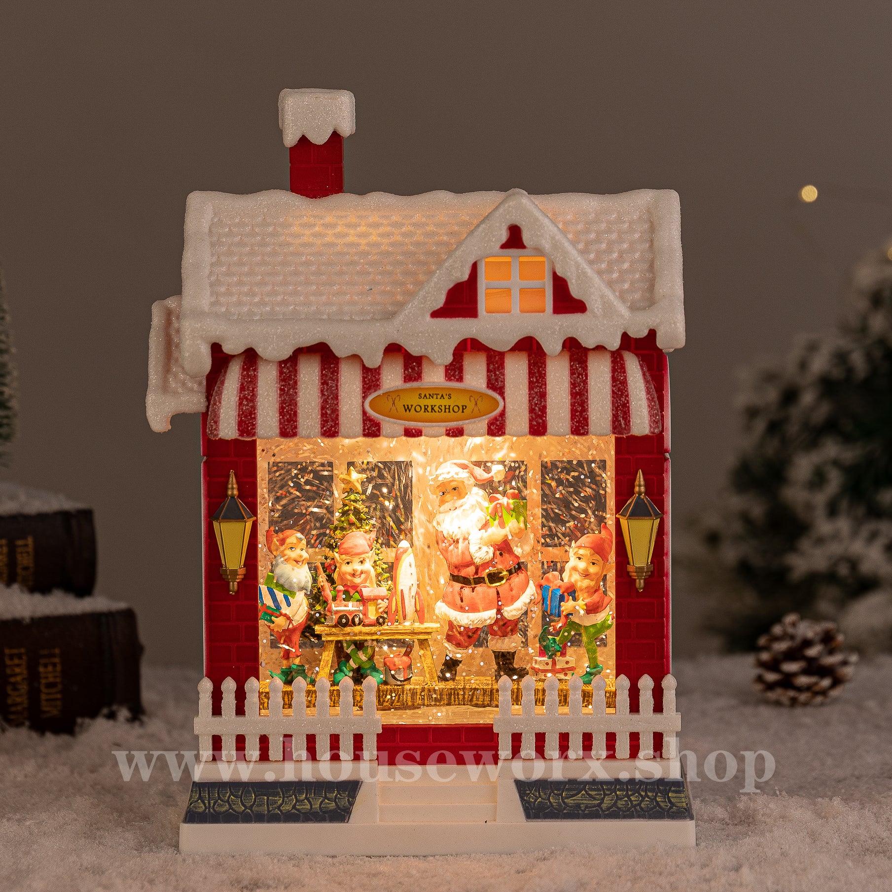 santas work shop christmas snow globe santa