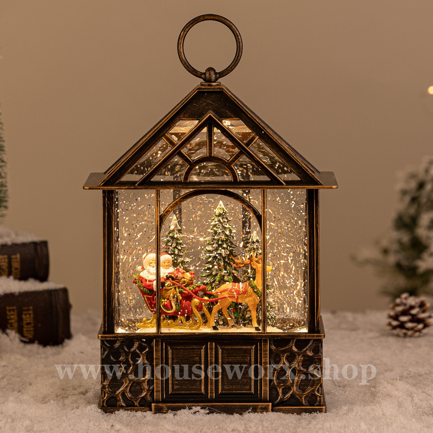 stable christmas snow globe santa