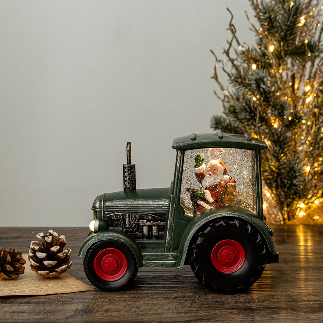 tractor christmas snow globe green