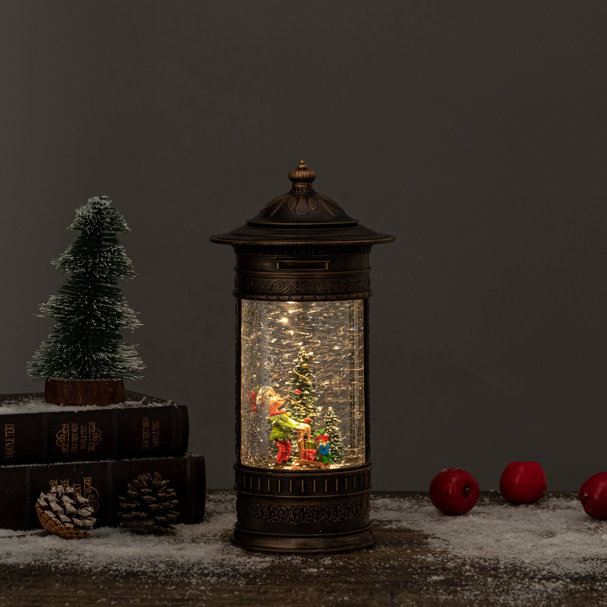 Post box christmas snow globe elf front view